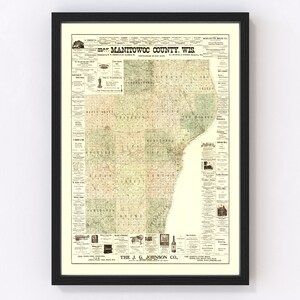 Manitowac County Map 1902, Vintage Manitowac County Map, Old Manitowac County Wisconsin Art, Wall Art Gift for Manitowac County History Love