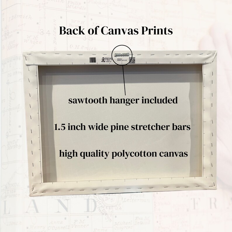 May include: The back of a canvas print with the text "Back of Canvas Prints", "sawtooth hanger included", "1.5 inch wide pine stretcher bars", and "high quality polycotton canvas".