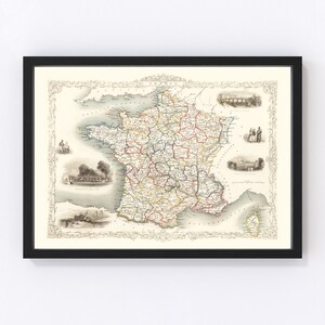 France Map 1851, Vintage France Map, Old France Art, Wall Art Gift for France History Lovers Retro Decor