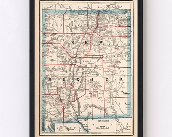 New Mexico Map 1893 - Old Map of New Mexico Art Vintage Print Framed Wall Art Canvas Portrait NM History Genealogy Farmhouse Décor