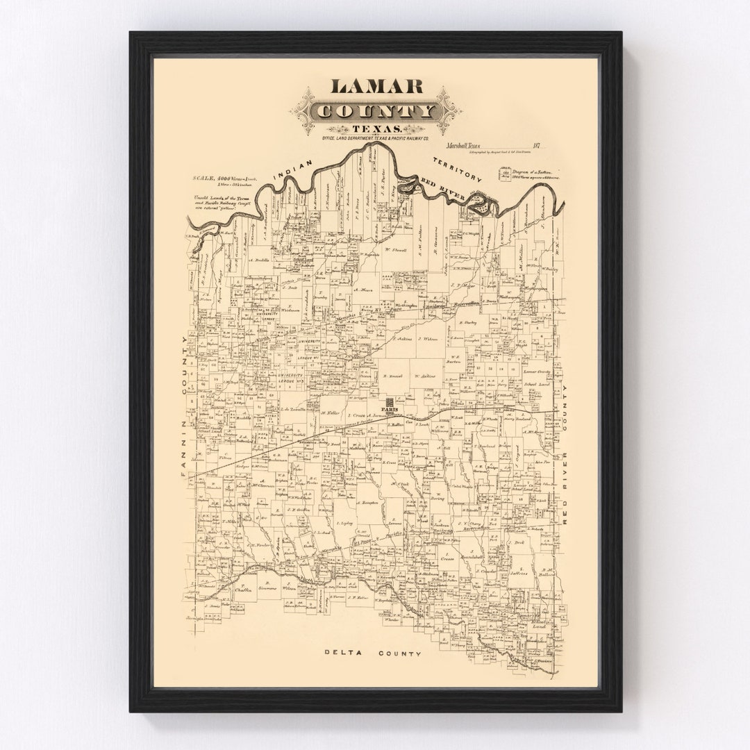 Lamar County Texas Map 1870 Old Map of Lamar County Texas Art Vintage