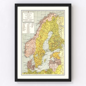 Scandinavia Map Art - Vintage Print from 1943 - Old Scandinavia Art - Framed or Canvas