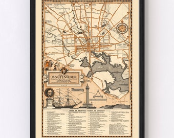 Baltimore Map 1936, Vintage Baltimore Map, Old Baltimore Maryland Art, Wall Art Gift for Baltimore History Lovers Retro Decor