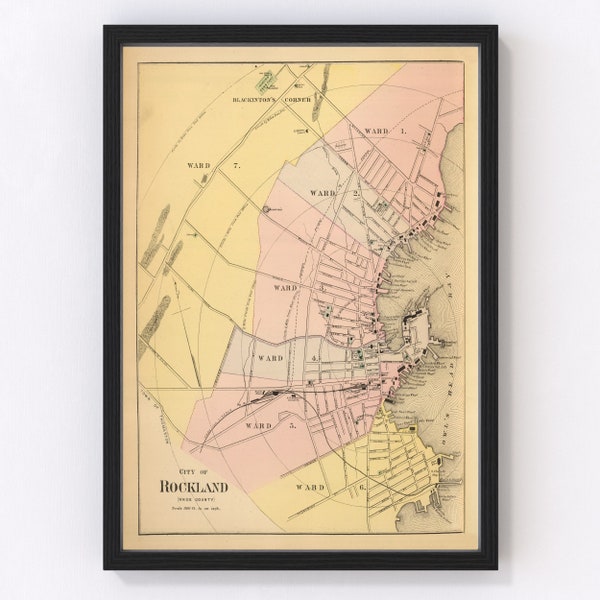 Rockland Map 1894 - Old Map of Rockland Maine Art Vintage Print Framed Canvas Portrait History Genealogy Farmhouse Décor