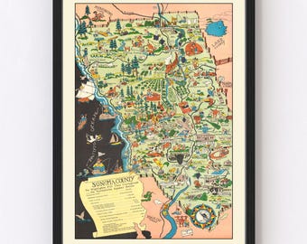 Sonoma County Map 1951, Vintage Sonoma County Map, Old Sonoma County California Art, Wall Art Gift for Sonoma County History Lovers Retro De