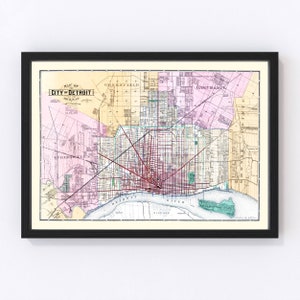 Detroit Map 1883, Vintage Detroit Map, Old Detroit Michigan Art, Wall Art Gift for Detroit History Lovers Retro Decor