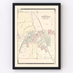 Birmingham Map 1896, Vintage Birmingham Map, Old Birmingham Michigan Art, Wall Art Gift for Birmingham History Lovers Retro Decor