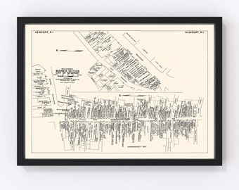 May include: A black and white map of the business section of Newport, Rhode Island. The map shows the streets and buildings in the downtown area. The map is titled "Business Section City of Newport" and is copyrighted by the Birnie-Melvin Realty Map Co.