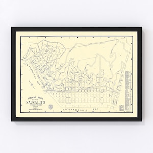 Sausalito Map 1920 - Old Map of Sausalito California Art Vintage Print Framed Canvas Portrait History Genealogy Farmhouse Décor
