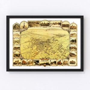 Bakersfield Map 1901 - Old Map of Bakersfield California Art Vintage Print Framed Canvas Bird&#39;s Eye View Portrait History Genealogy