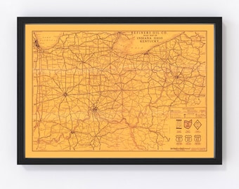 May include: A vintage map of Indiana, Ohio, and Kentucky, showing roads and cities. The map is titled "REFINERS OIL CO.  Map of Roads in INDIANA OHIO KENTUCKY".