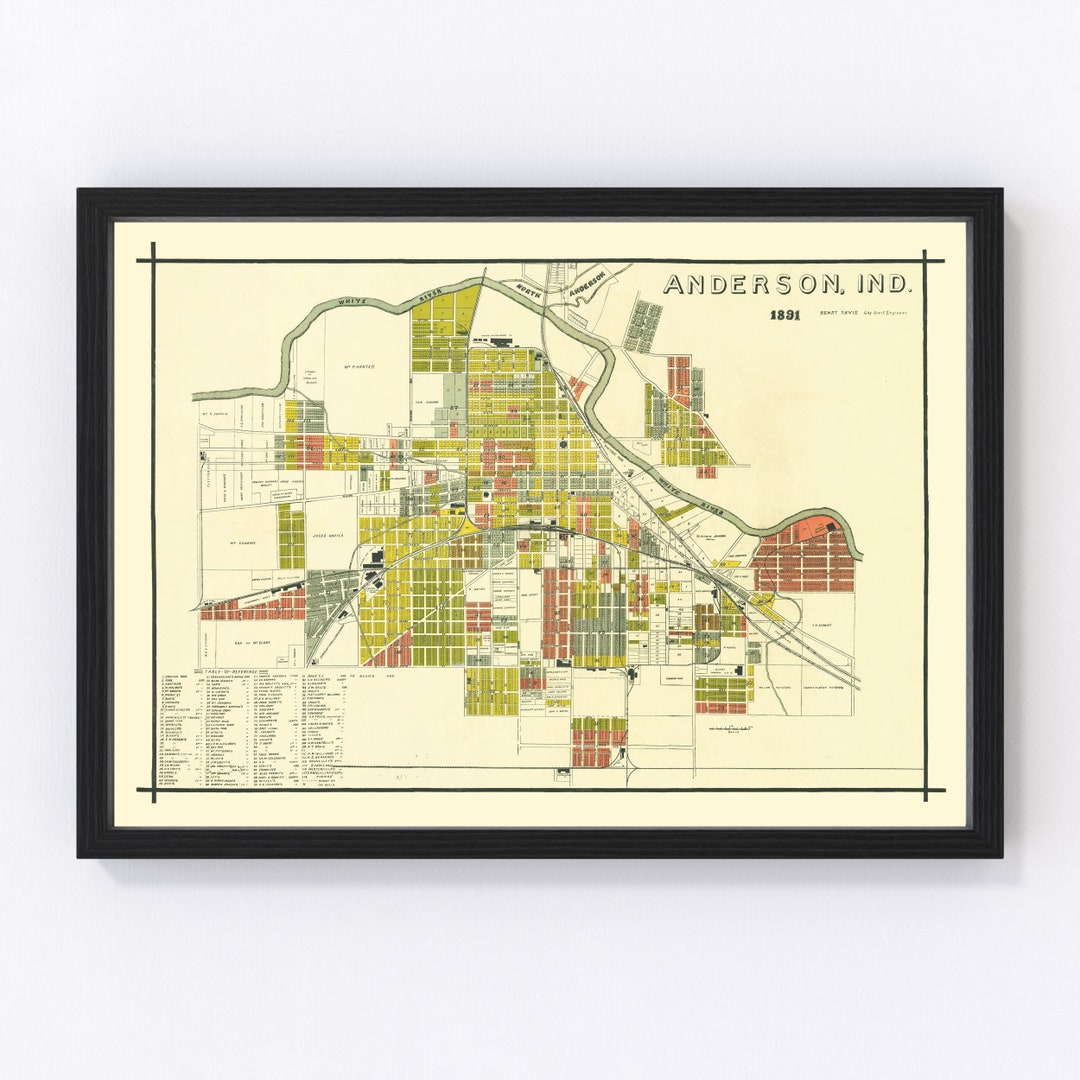 Anderson Map 1891, Vintage Anderson Map, Old Anderson Indiana Art, Wall