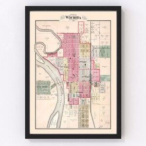 Wichita Map 1882 - Old Map of Wichita Kansas Art Vintage Print Framed Canvas Portrait History Genealogy Farmhouse Décor