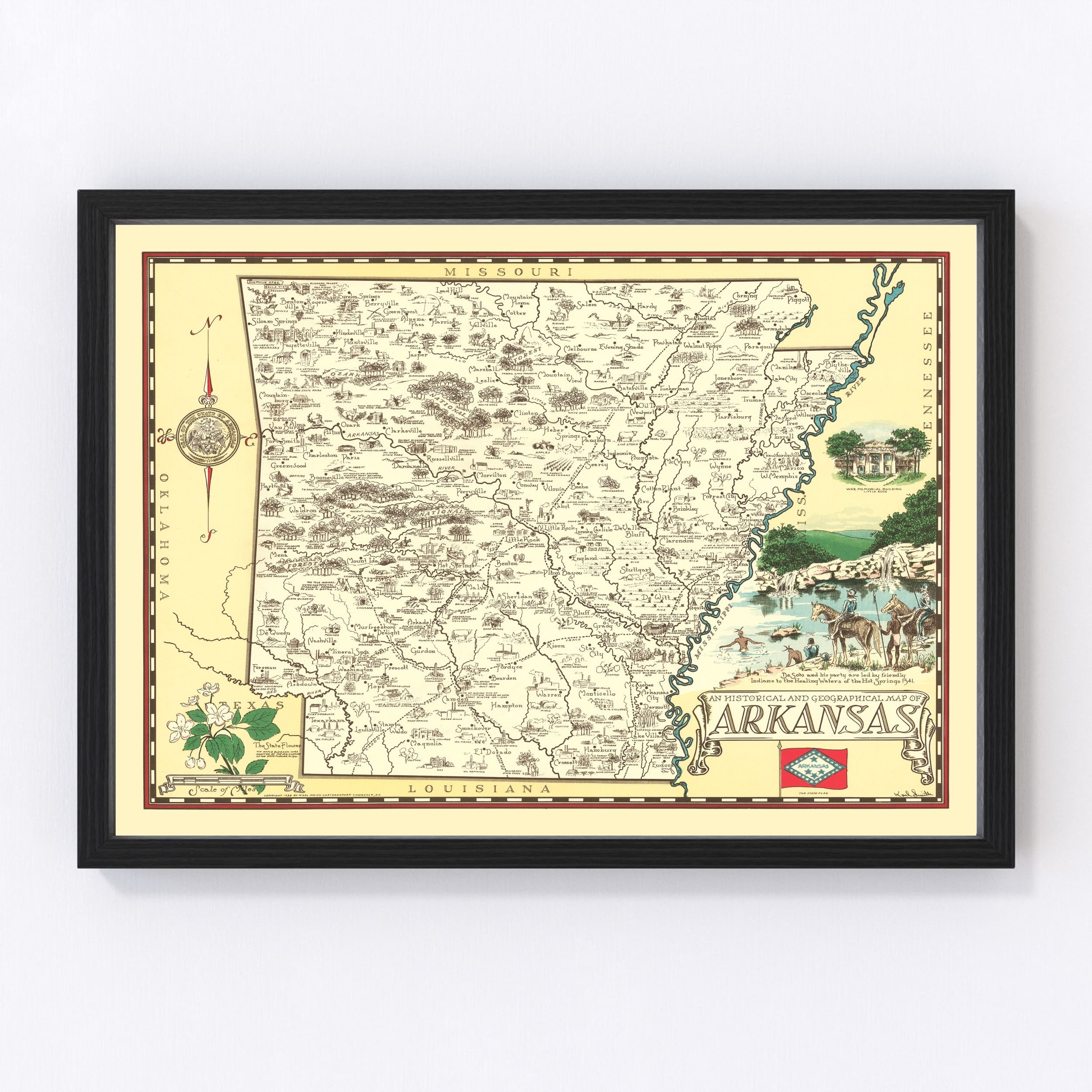 Arkansas Map 1938 - Old Map of Arkansas Art Vintage Print Framed Wall Art Canvas Portrait AR History Genealogy Farmhouse Décor