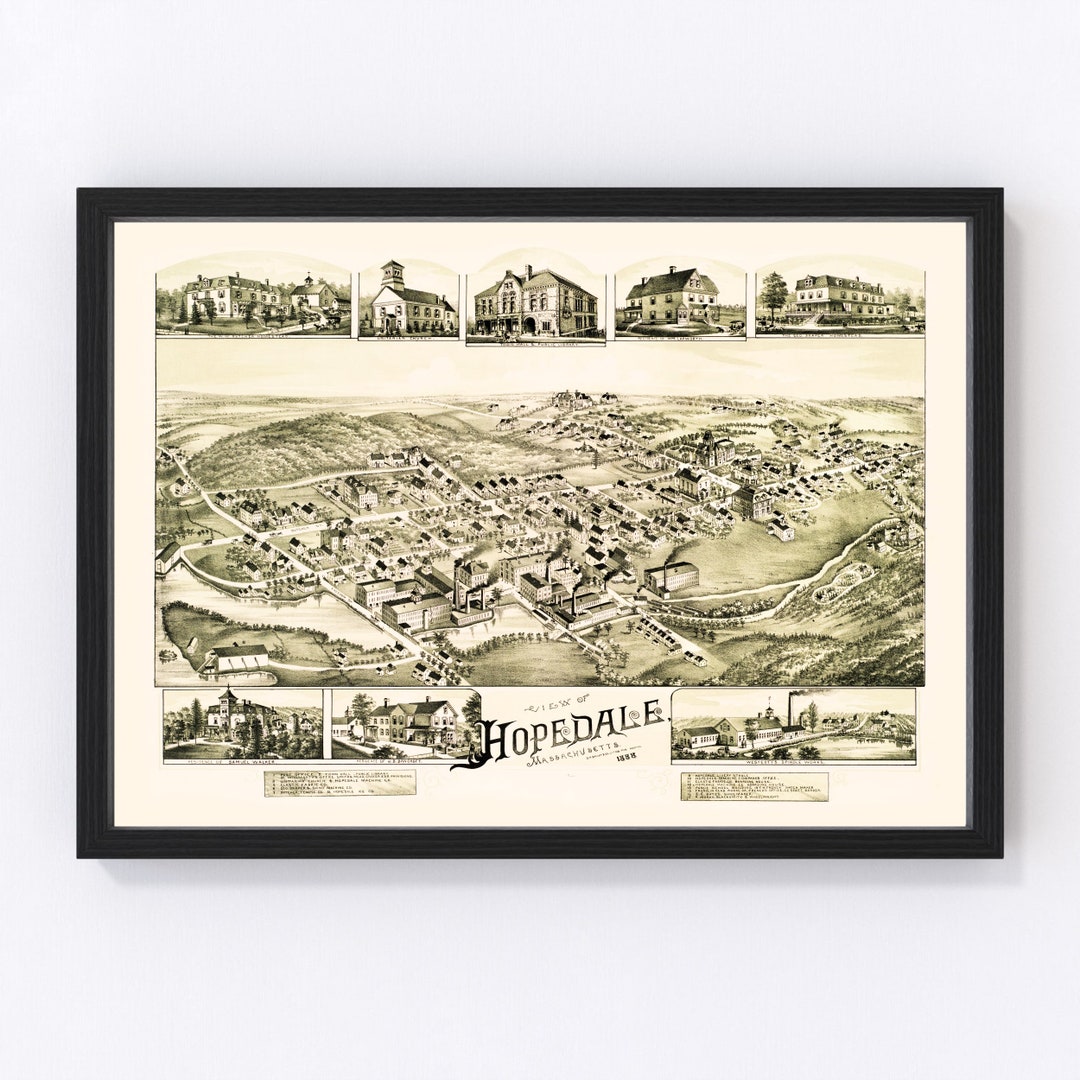 Hopedale Map 1888 Old Map of Hopedale Massachusetts Art Vintage Print Framed Canvas Birds Eye
