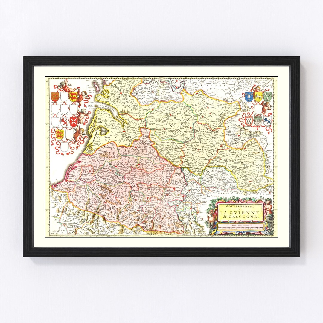 Gascony Map 1665 Old Map of Gascony France Art Vintage Print Framed