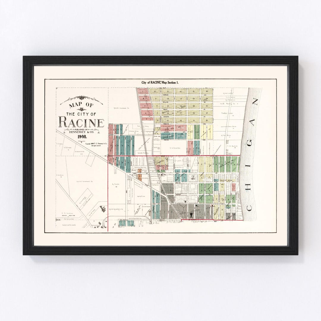 Racine Map 1908, Vintage Racine Map, Old Racine Wisconsin Art, Wall Art ...
