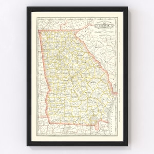 Georgia Map 1884, Vintage Georgia Map, Old Georgia Art, Wall Art Gift for Georgia History Lovers Retro Decor