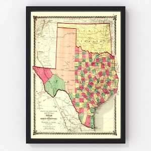 Texas Map 1874, Vintage Texas Map, Old Texas Art, Wall Art Gift for Texas History Lovers Retro Decor