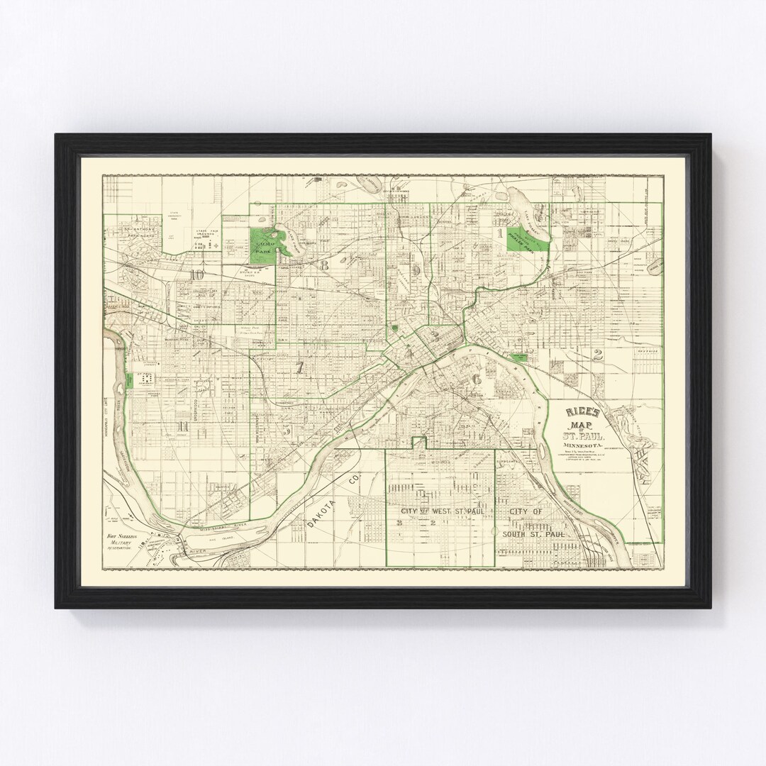 St. Paul Map 1896 - Old Map of St. Paul Minnesota Art Vintage Print Framed Canvas Portrait ...