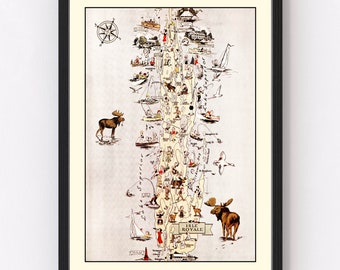 May include: A vintage illustrated map of Isle Royale National Park in Michigan. The map features a cartoon-style depiction of the island with various landmarks, activities, and wildlife, including moose, boats, and people fishing. The map is surrounded by a black frame.
