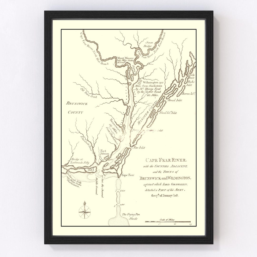 Cape Fear River Map 1781, Vintage Cape Fear River Map, Old Cape Fear ...