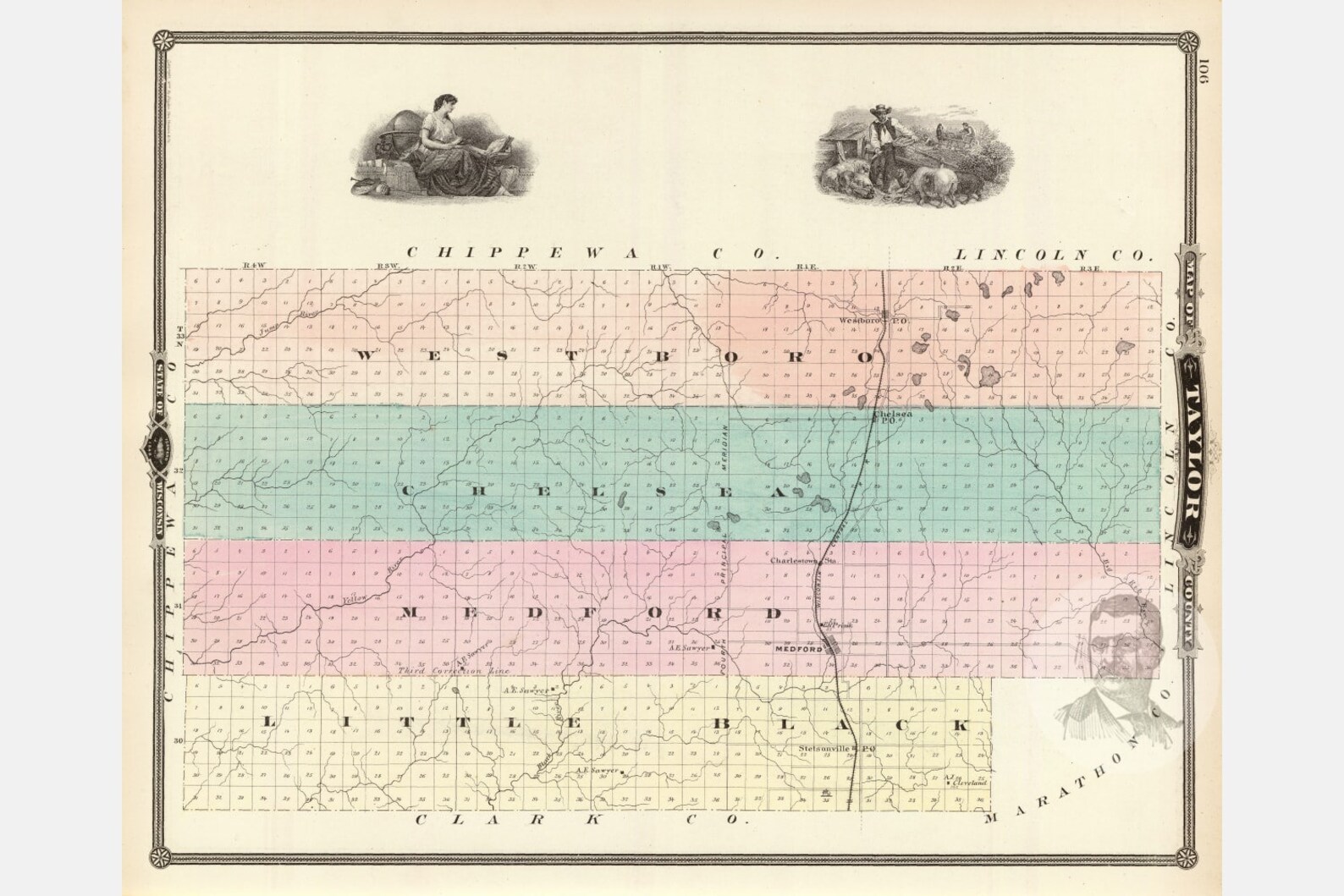 Vintage Taylor County WI Map 1878 Old Wisconsin Map Etsy