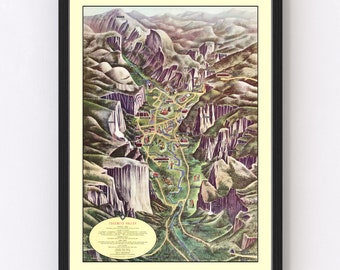 May include: A vintage illustrated map of Yosemite Valley, California. The map shows the layout of the valley, including roads, trails, and points of interest. The map is in a black frame with a cream-colored mat.