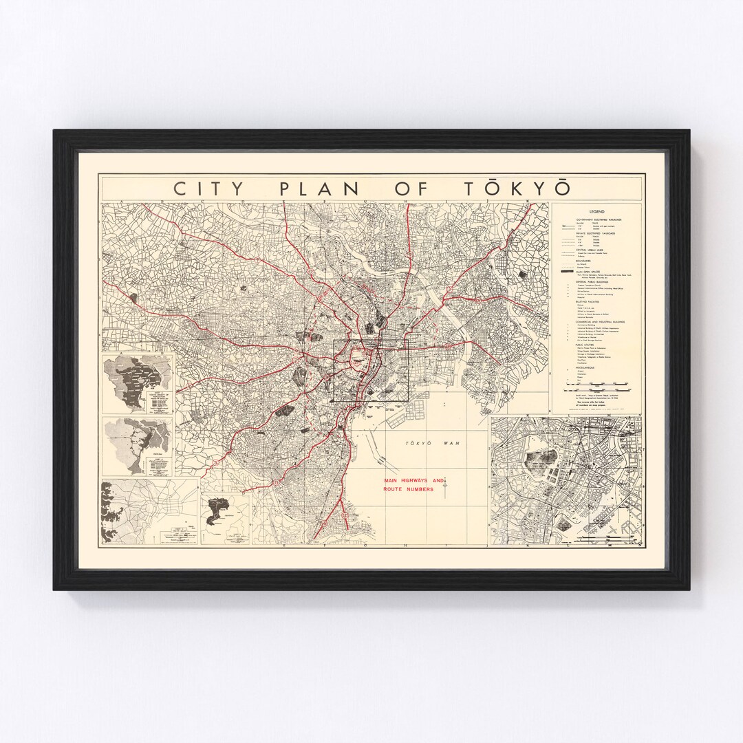 Tokyo Map 1945 - Old Map of Tokyo Japan Art Vintage Print Framed Wall ...