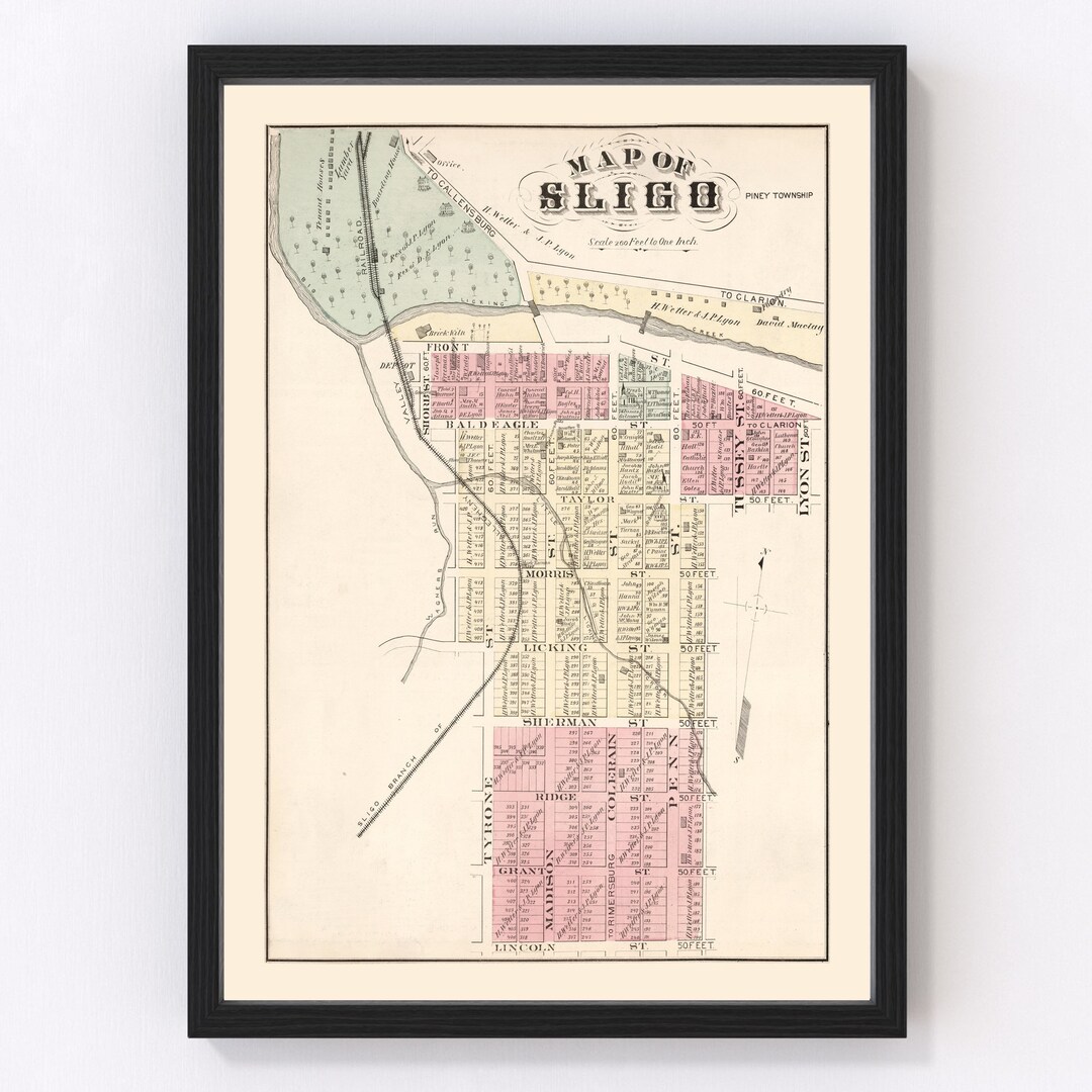Sligo Map 1877 Old Map of Sligo Pennsylvania Art Vintage Print Framed