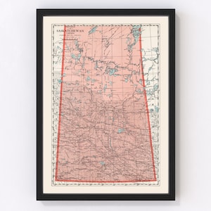 May include: Vintage map of the Canadian province of Saskatchewan. The map is printed on cream-colored paper and features a pink outline of the province with black lines indicating roads and rivers. The map is titled "Province of Saskatchewan, Canada" and includes a scale of miles.