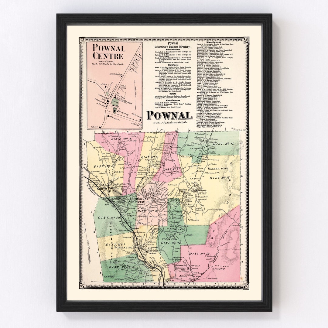Pownal VT Map 1869 Old Map of Pownal Township Vermont Art Vintage Print