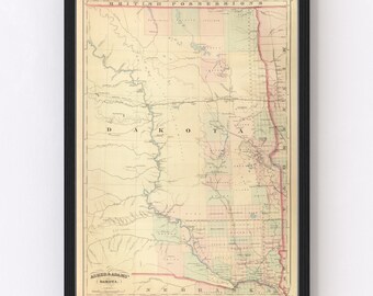 South Dakota, North Dakota Map 1875, Vintage South Dakota, North Dakota Map, Old South Dakota, North Dakota Art, Wall Art Gift for South Dak