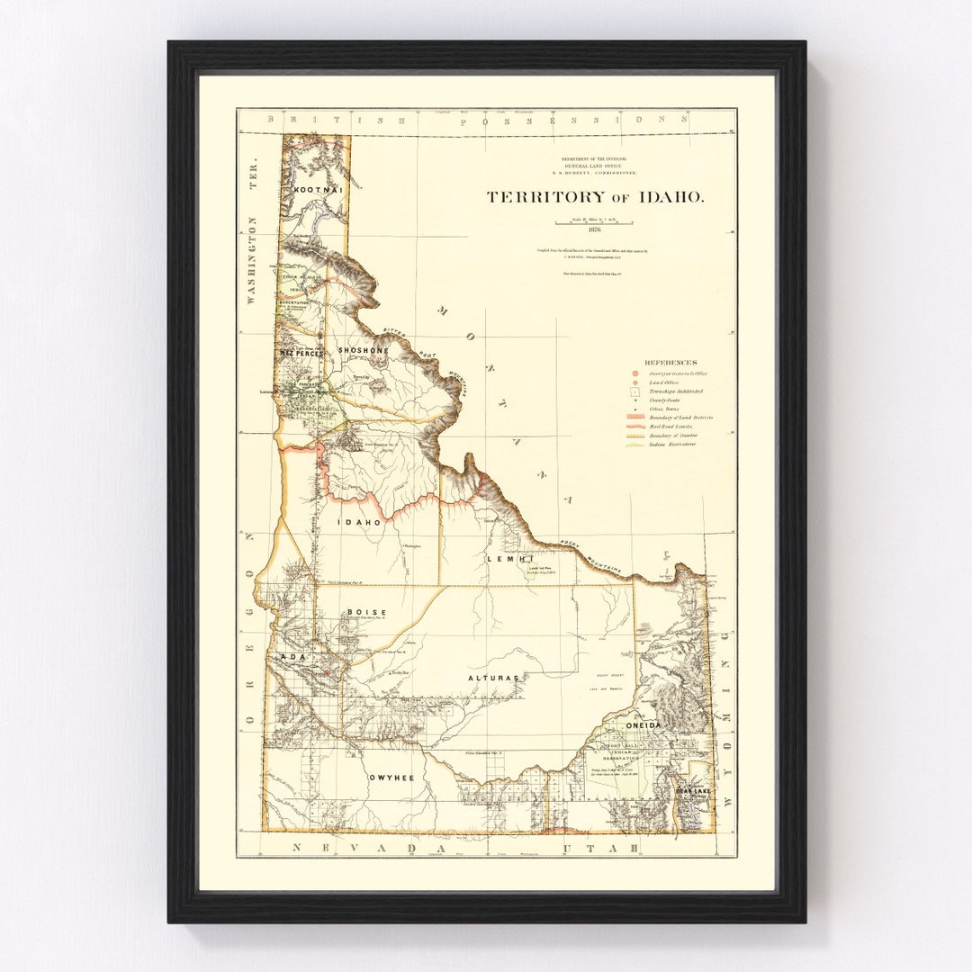 Idaho Map 1876 - Old Map of Idaho Art Vintage Print Framed Wall Art ...