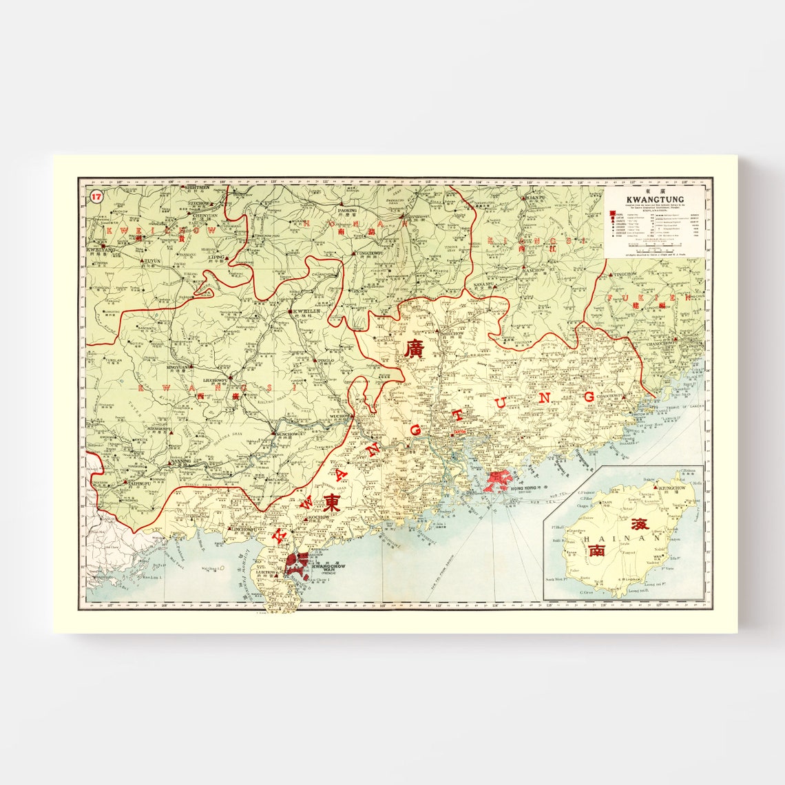 Kwangtung Chinga Map 1917, Vintage Kwangtung Chinga Map, Old Kwangtung ...
