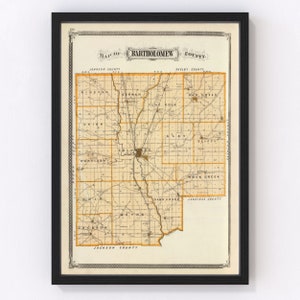 Bartholomew County Map 1876, Vintage Bartholomew County Map, Old Bartholomew County Indiana Art, Wall Art Gift for Bartholomew County Histor