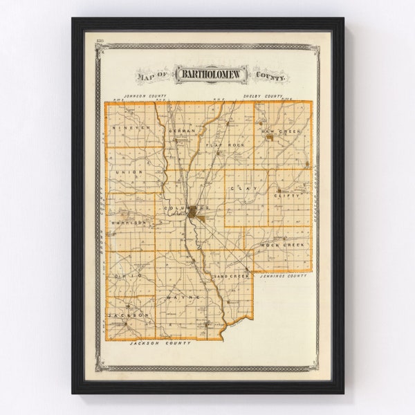 Bartholomew County IN Map 1876 - Old Map of Columbus Indiana Art Vintage Print Framed Canvas Bird's Eye View Portrait History Genealogy