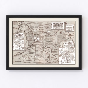 May include: A framed vintage-style map print titled "The Parks of the Living Giants." The map features illustrations of animals, trees, and landmarks, with text boxes providing facts about General Grant and Sequoia National Parks. The print is in a black frame.