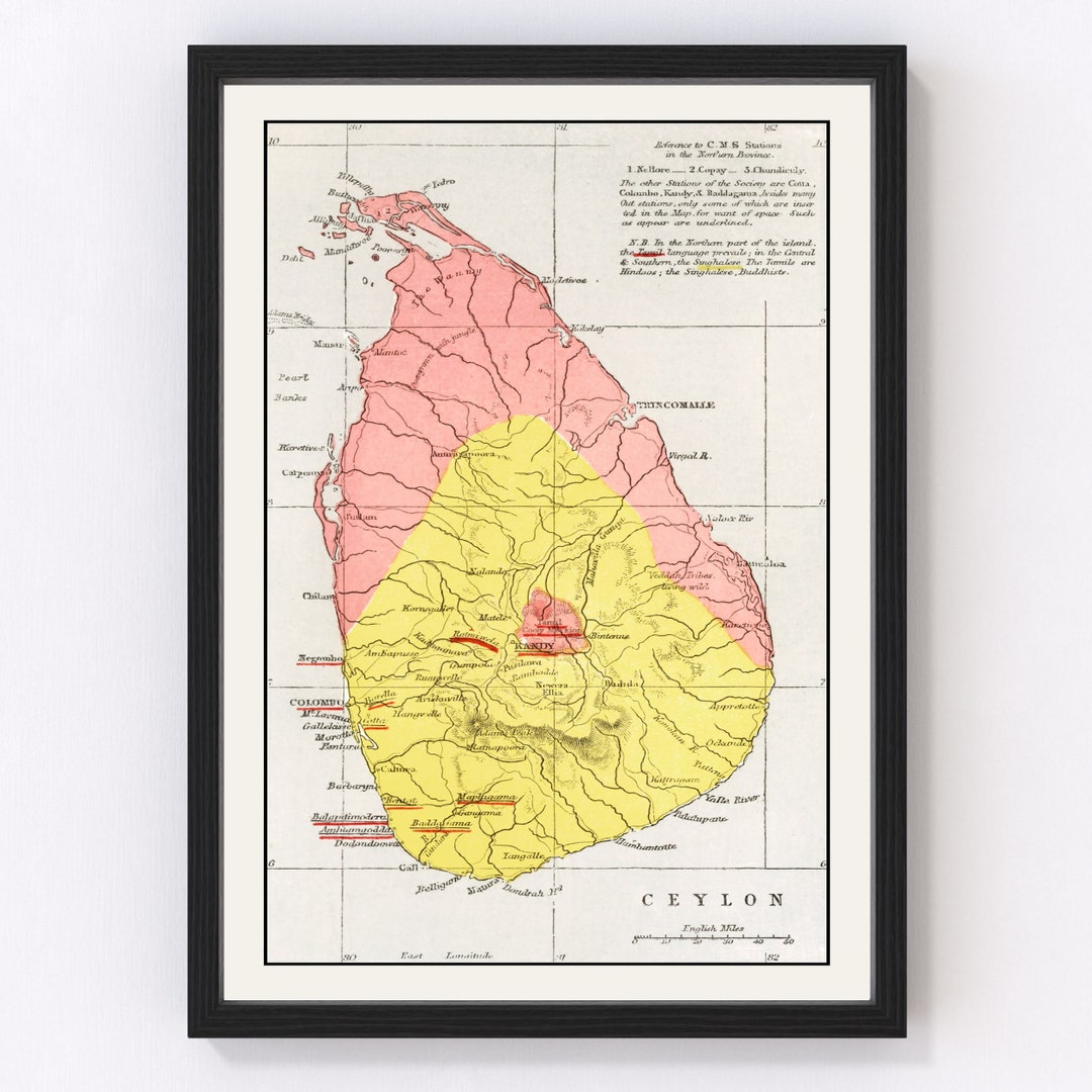 Sri Lanka Map 1862 Old Map of Sri Lanka Art Print Framed Wall Art