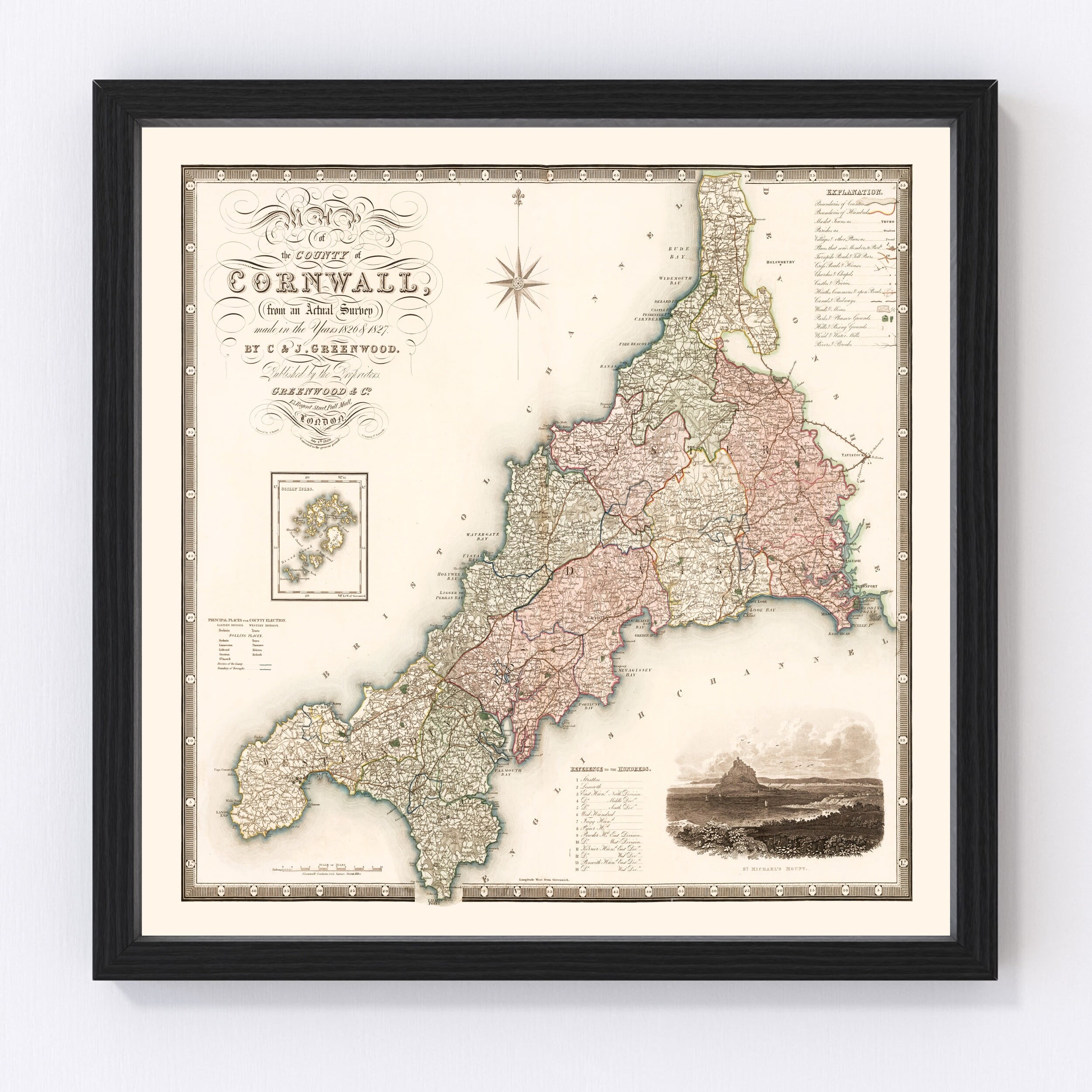 Cornwall England Map 1829, Vintage Cornwall England Map, Old Cornwall England Art, Wall Art Gift for Cornwall England History Lovers Retro D