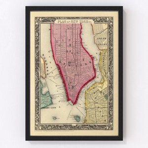 New York City Map 1860, Vintage New York City Map, Old New York City New York Art, Wall Art Gift for New York City History Lovers Retro Deco