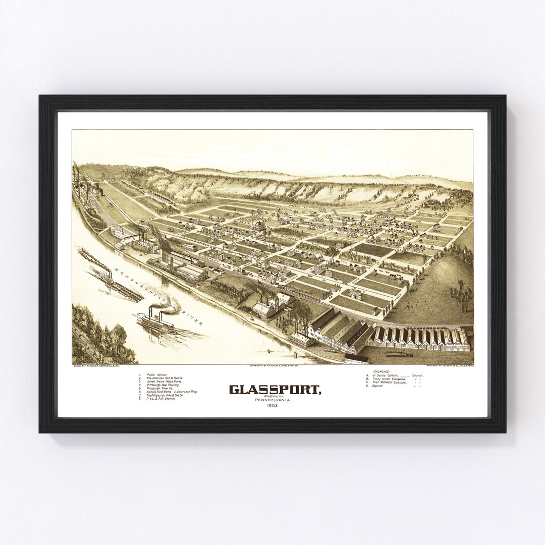 Glassport Map 1902 Old Map of Glassport Pennsylvania Art Vintage Print Framed Canvas Bird's Eye