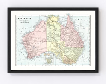 May include: Vintage map of Australia with state borders and major cities labeled. The map is printed in black, red, yellow, and blue on a white background. The map is framed in black.