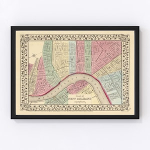 New Orleans Map 1870 - Old Map of New Orleans Louisiana Art Vintage Print Framed Canvas Portrait History Genealogy Farmhouse Décor