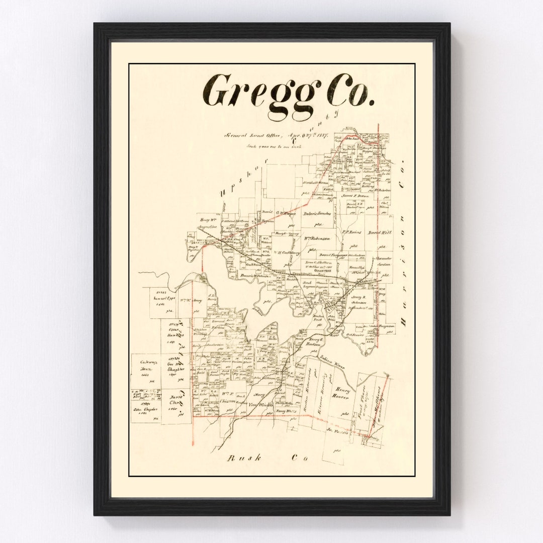 Gregg County TX Map 1887 Old Map of Texas Art Vintage Print Framed