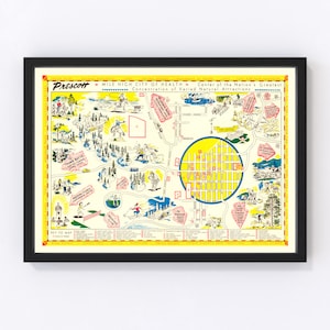 May include: Framed vintage map of Prescott, Arizona, with a black frame. The map features illustrations of local attractions and landmarks, with text that reads "Mile High City of Health" and "Concentration of Varied Natural Attractions."