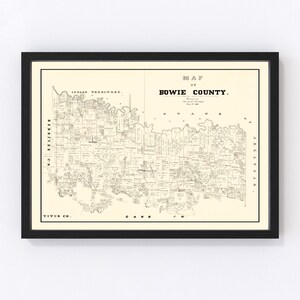 May include: A vintage map of Bowie County, Texas, printed in black and white. The map shows the county's boundaries, roads, and towns. The title "MAP OF BOWIE COUNTY" is printed at the top of the map. The map is framed in a black frame.
