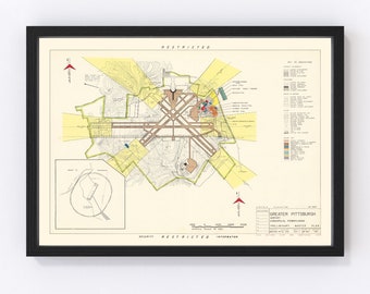 Greater Pittsburgh Airport Map 1951 - Old Map of Greater Pittsburgh Airport Art Vintage Print Framed Wall Art Canvas Portrait History Travel