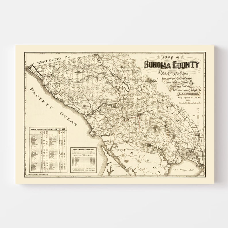 Sonoma County CA Map 1902 - Old Map of California Art Vintage Print Framed Canvas Portrait History Genealogy Farmhouse Décor image 3