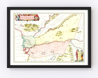 May include: An antique map of Egypt from 1688, titled "Nova Aegypti Tabula". The map is printed on paper and features a detailed illustration of the Nile River and surrounding areas. The map is framed in a black frame.